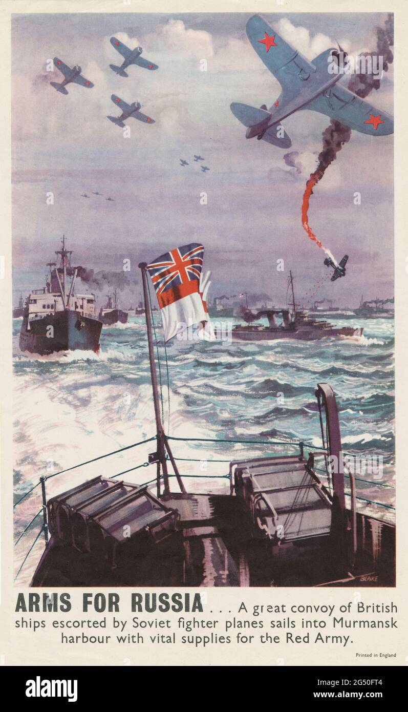Vintage British propaganda poster. The German Air Force is attacking an Allied convoy. World War II period Stock Photo
