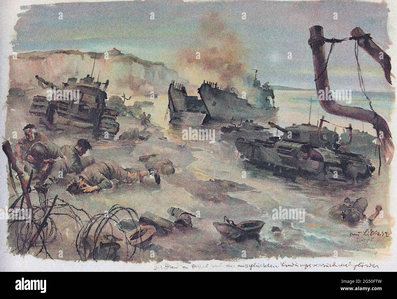 World War II period from Geman propaganda news. Dieppe Raid. 1942. Watercolour drawing by Hans Liska Operation Jubilee or the Dieppe Raid (19 August 1 Stock Photo