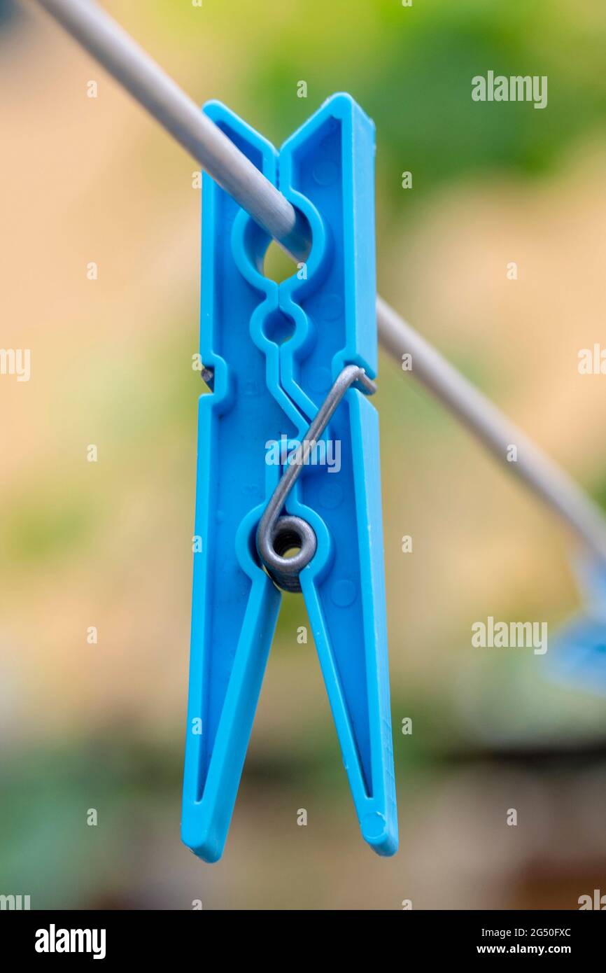 Colored clothes peg hanging by a thread Stock Photo