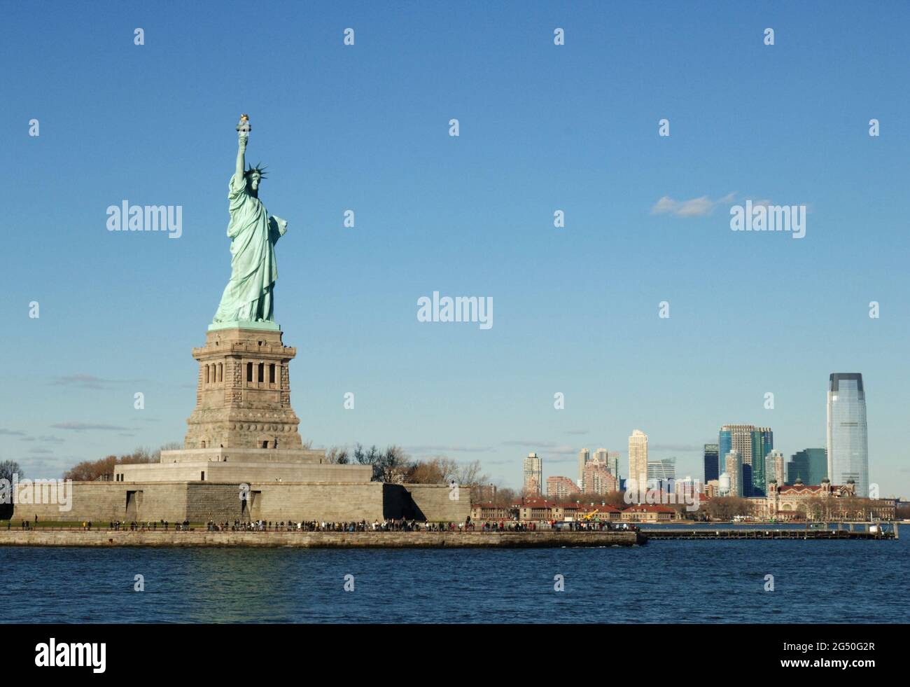 The Statue of Liberty is a colossal neoclassical sculpture on Liberty Island in New York Harbor