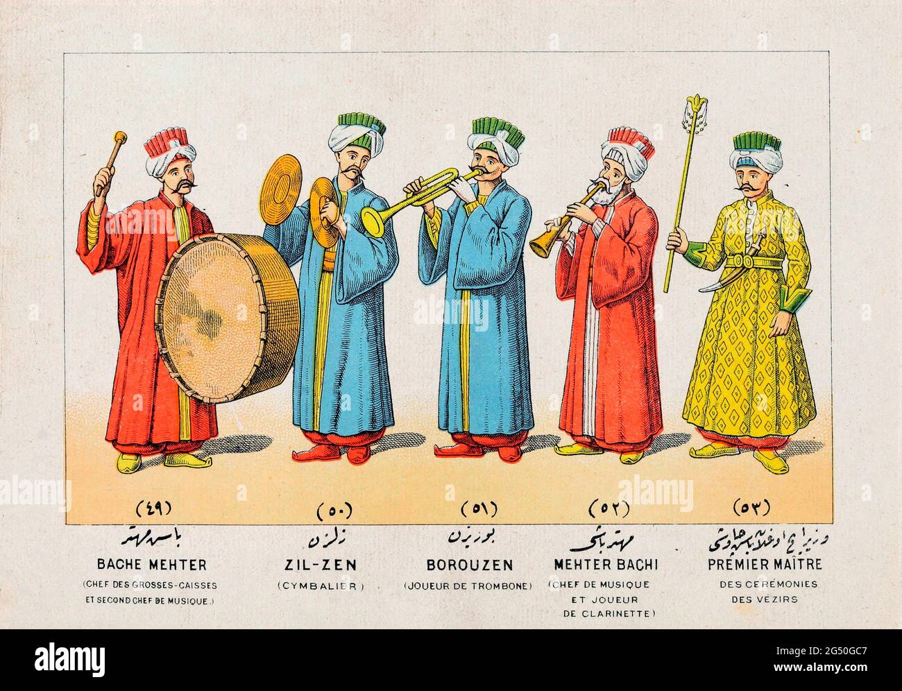 Illustrated history of Turkish Army (Ottoman Empire).  Bache Mehter (bass conductor and second music conductor). Zil-zen (cymbal). Borouzen (trombone Stock Photo