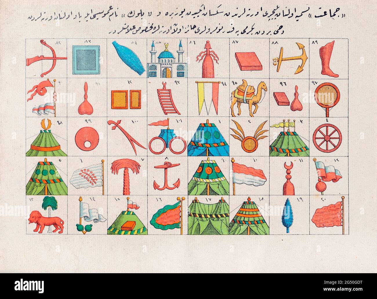Illustrated history of Turkish Army (Ottoman Empire). Special emblems of the so-called Janissary Companies (Ortas) Stock Photo