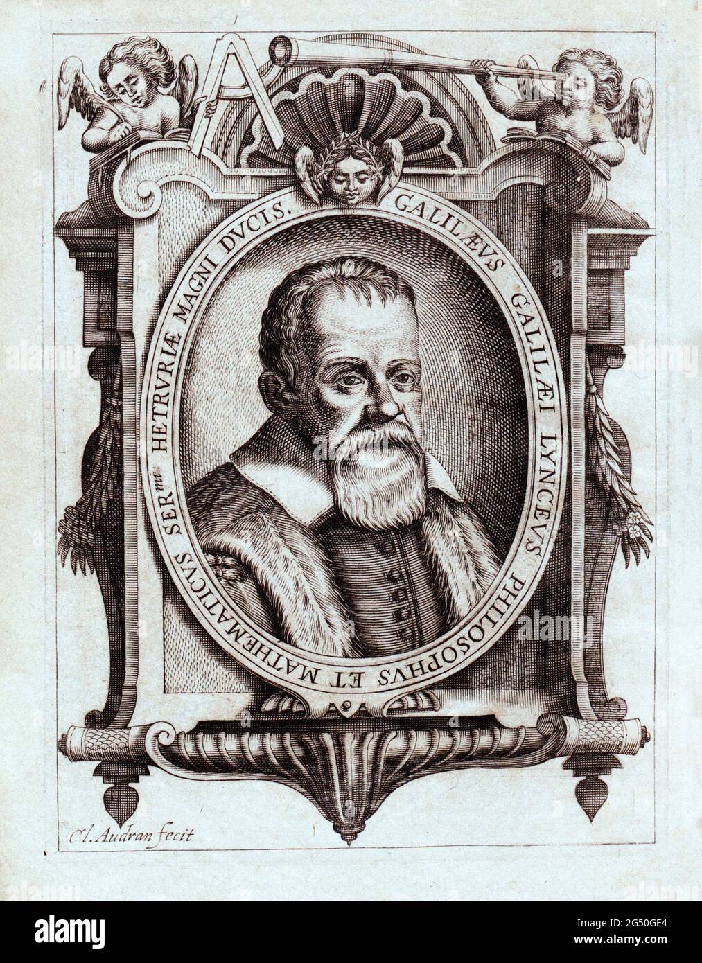 Engravint of Galileo Galilei's portrait. 1641  Galileo di Vincenzo Bonaiuti de' Galilei (1564 – 1642) was an Italian astronomer, physicist and enginee Stock Photo