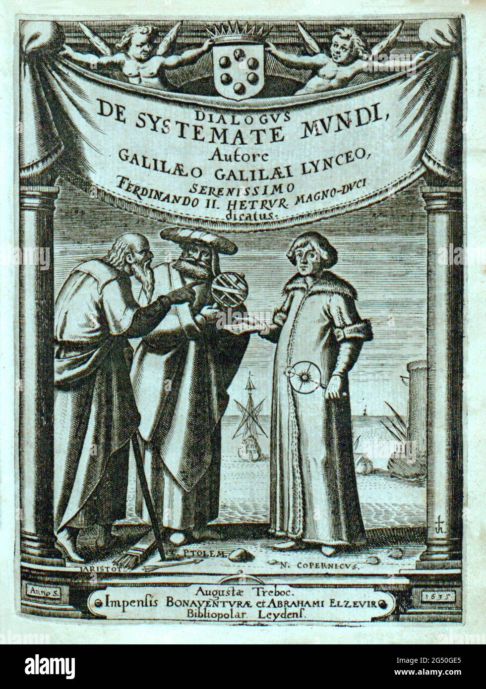 Title page for: Philip van Lansberge, Opera Omnia. Middelburg: 1663. Title  page for a book about astronomy with images of famous astronomers:  Aristarchus Samius, Ptolemeus, Rex Alfonsus, Tycho Brahe, AlbategNius,  Nicolaas Coopernicus