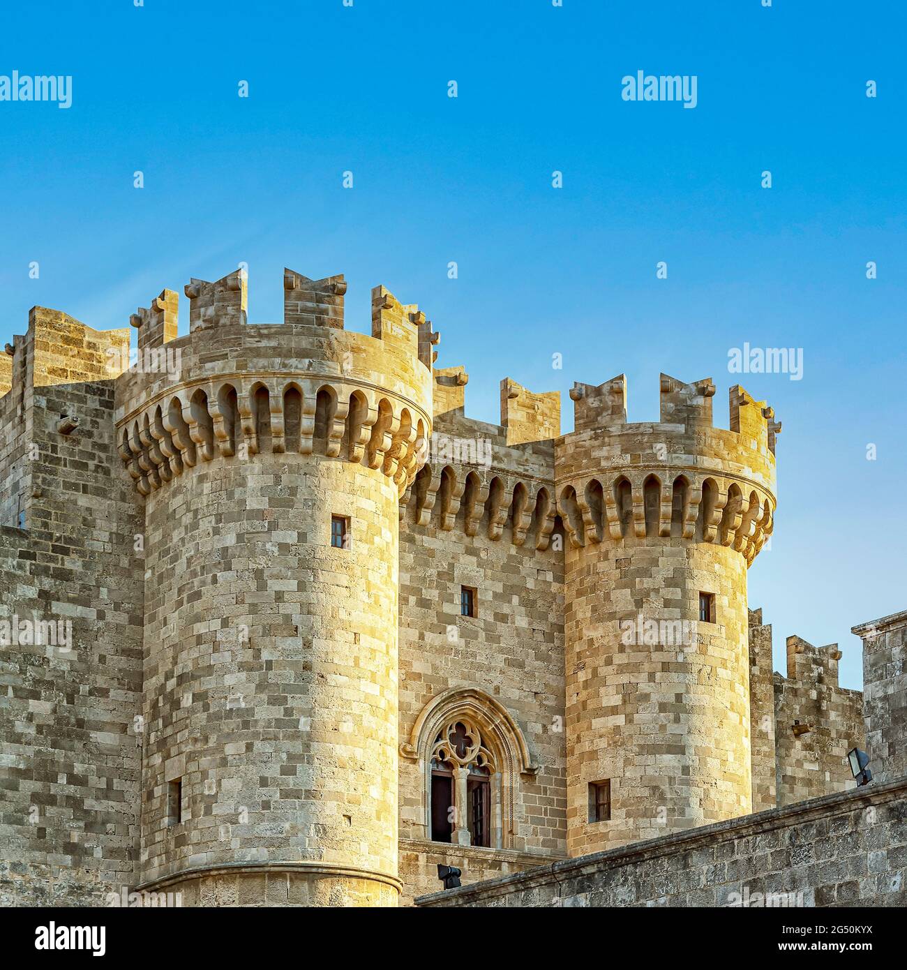 Rhodes, Greece, Grandmaster Palace architecture entry and towers Stock  Photo - Alamy
