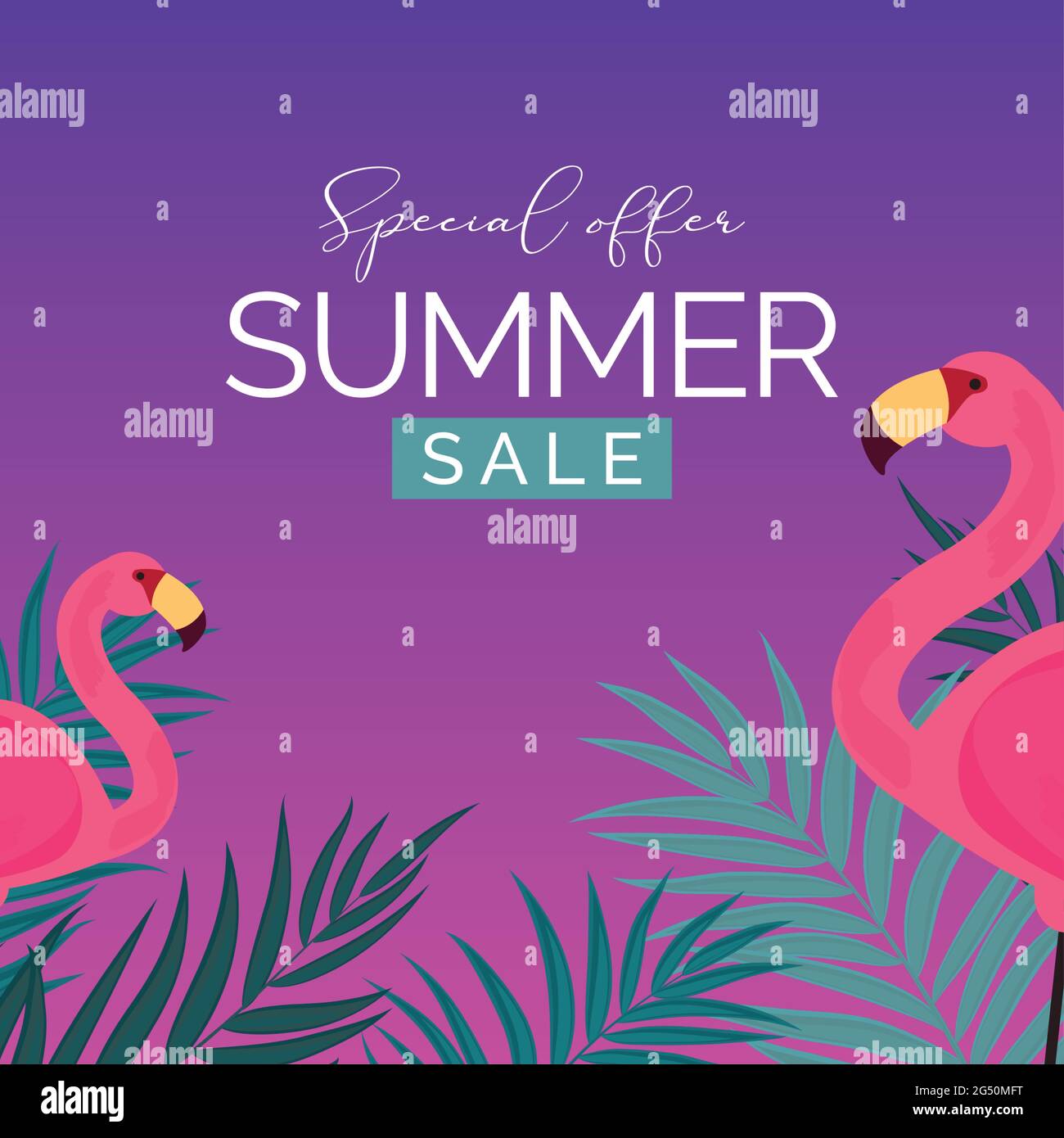 Abstract Summer Sale Background with palm leaves and flamingo. Vector ...