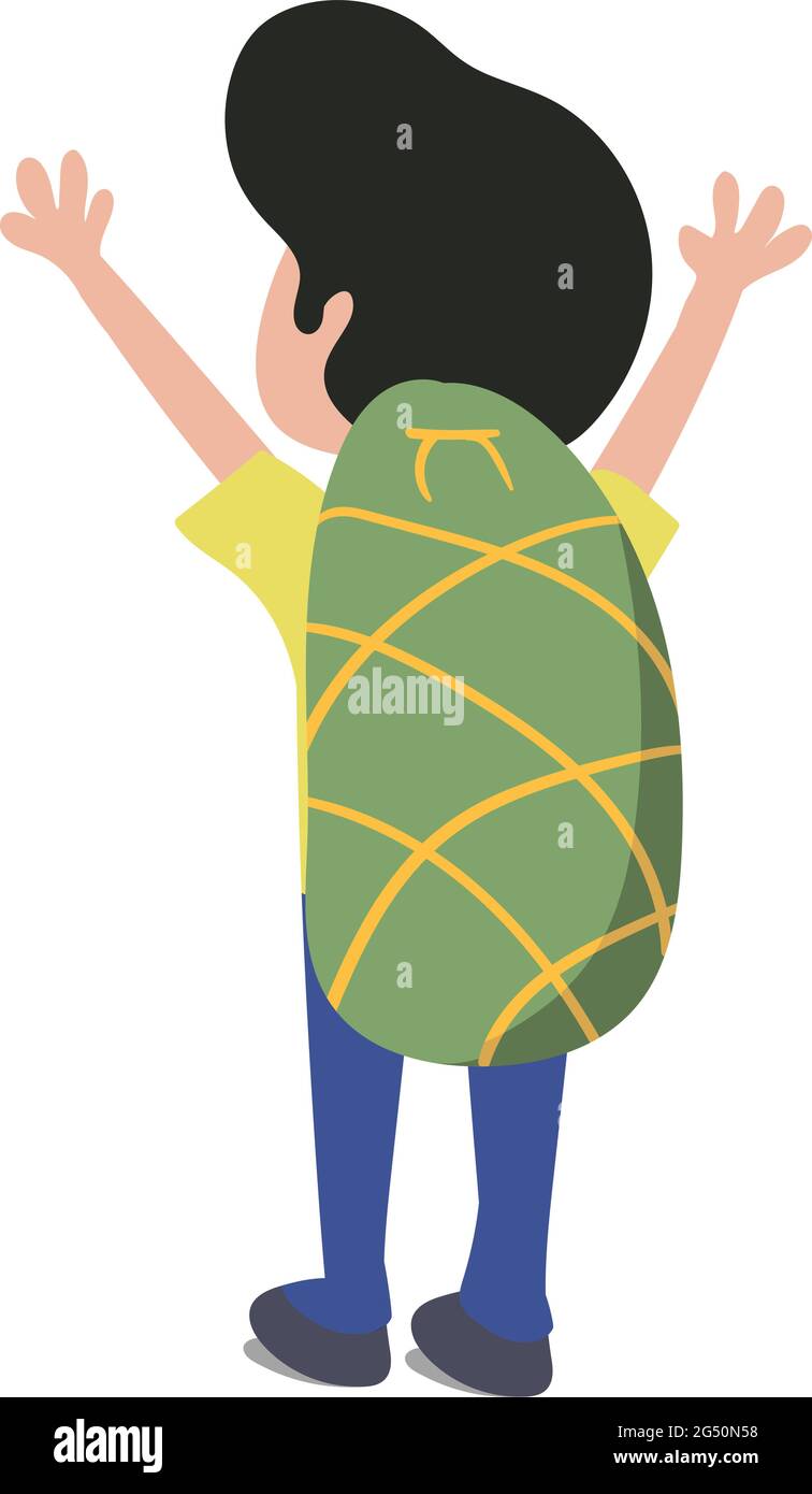 Man traveling around the world with backpack on his back. Yellow Shirt Blue pant Green Backpack. Scalable Vector Clipart Isolated on White Background. Stock Vector