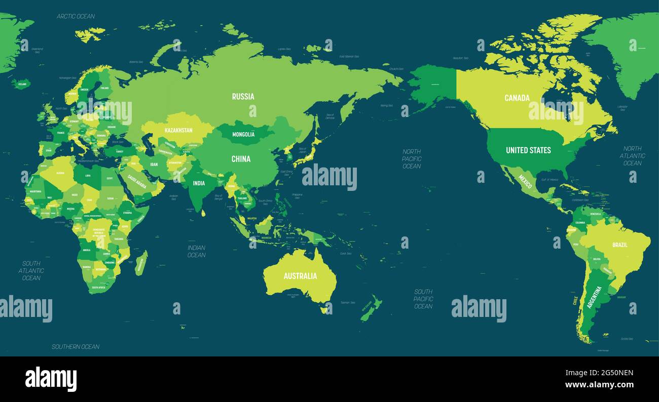 Pacific Ocean Centered Map World Map - Asia, Australia And Pacific Ocean Centered. Green Hue Colored  On Dark Background. High Detailed Political Map Of World With Country Stock  Vector Image & Art - Alamy