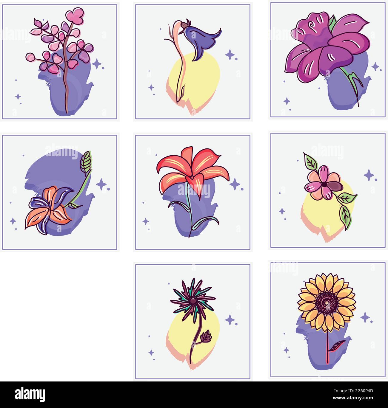 Set of hand drawn colored flowers Stock Vector