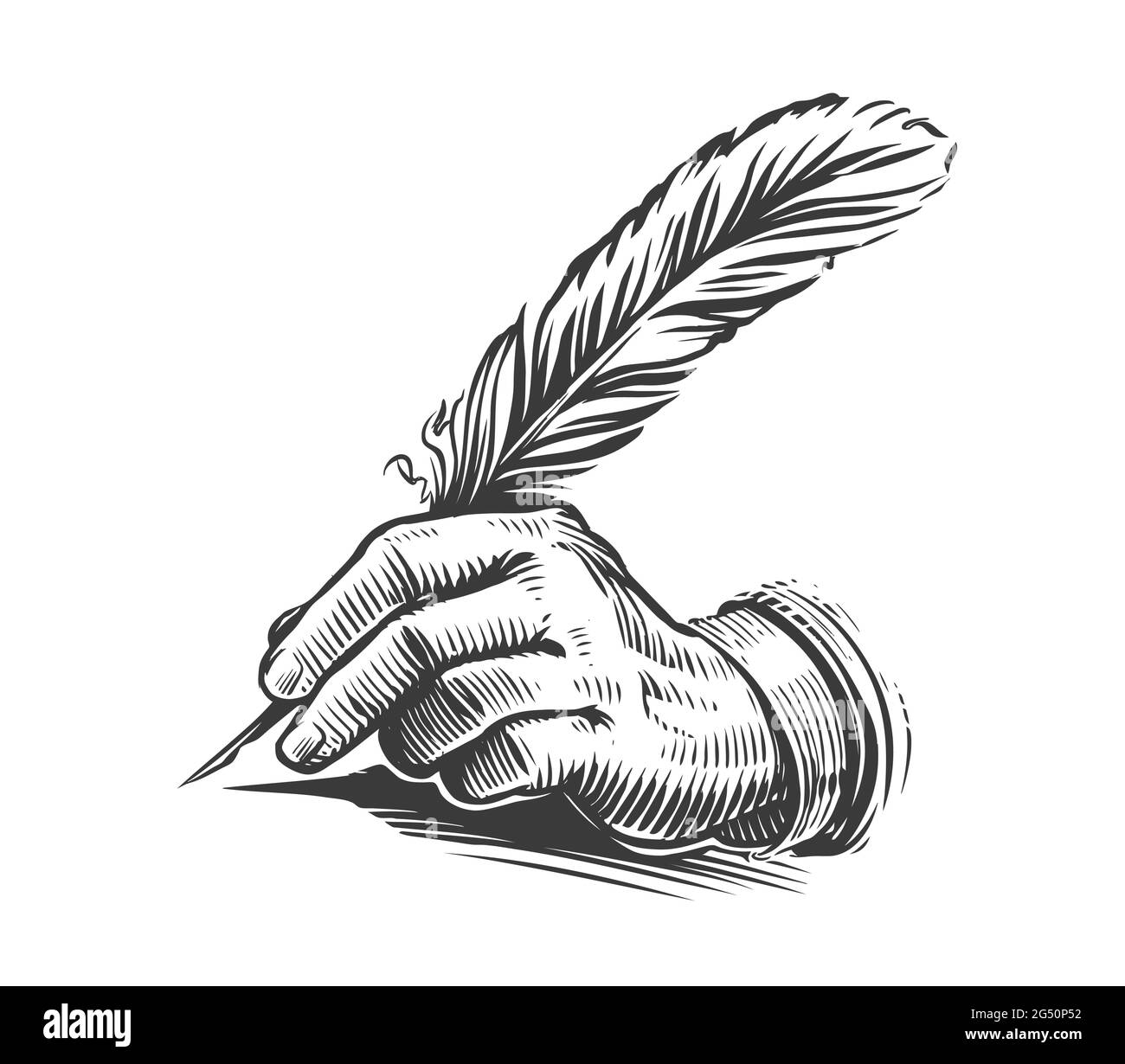 Hand writing with a feather. Illustration drawn in vintage engraving style Stock Vector