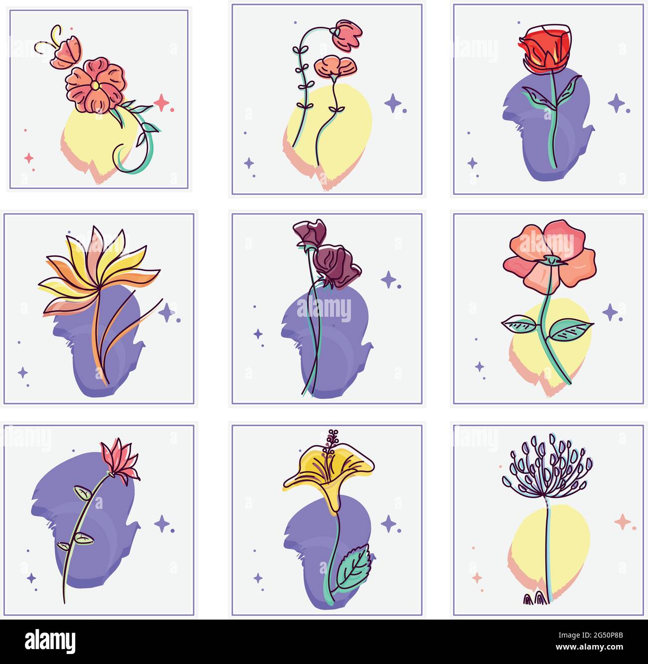 Set of hand drawn colored flowers Stock Vector