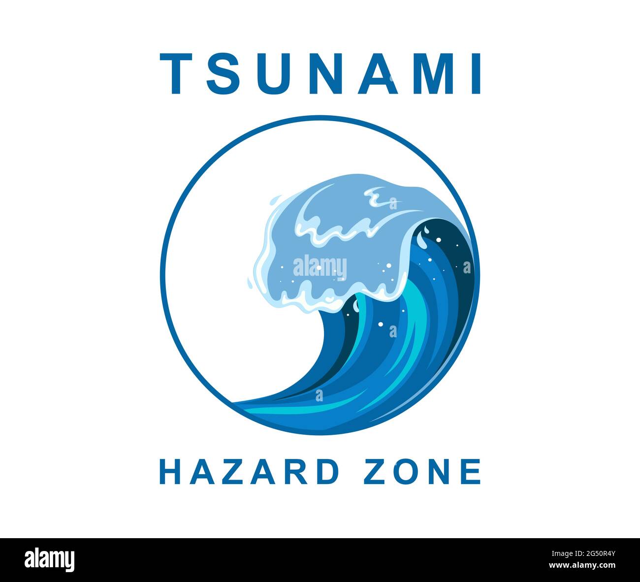 Tsumani wave with white foam in flat cartoon style. Hazard zone sign. Vector illustration Stock Vector