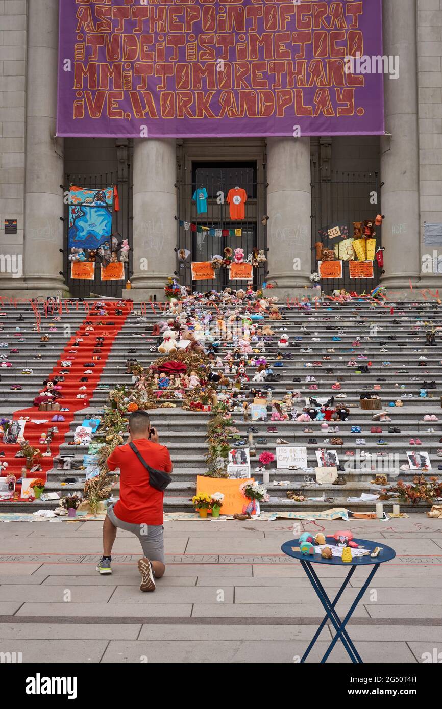 Meemorial on the steps of the Vancouver Art Gallery honouring 215 indigenous children whose unmarked graves were discovered in Kamloops, BC, Canada Stock Photo