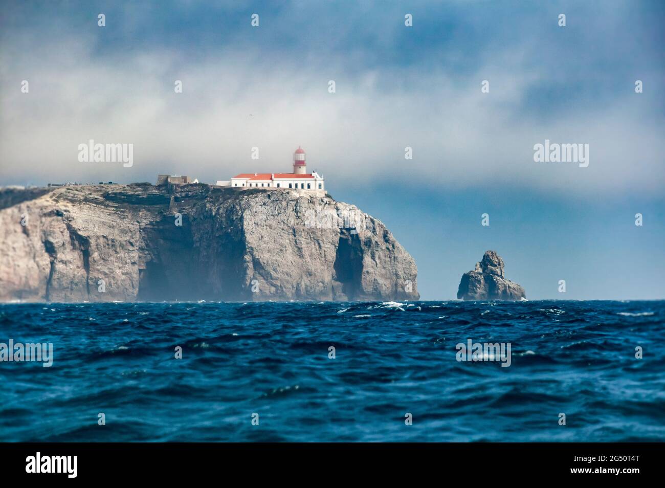Capo Sao Vicente Lighthouse on a slightla foggy day, Portugal, Iberian Peninsula Stock Photo
