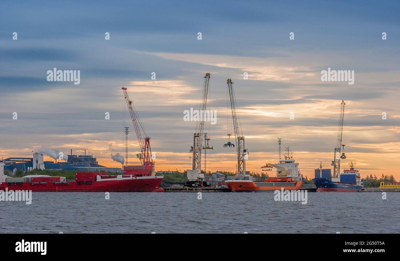 bulk carriers ion the harbour of Tornio in Northern Finland Stock Photo