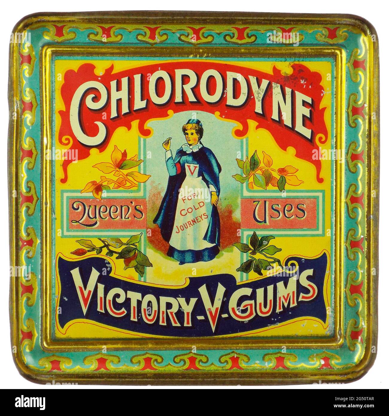 Victory V cough lozenges were developed in the 1860s, a hard pressed tablet sweet designed to be slowly sucked and let the ingredients relieve sore throats. Such medicated confectionary was big business. The Cough No More Lozenge was first made in Bolton before moving to The Victory Factories, in Nelson, Lancashire.  They were first named Victory Chlorodyne Lozenges, changed to Linseed Liquorice V Lozenge Victory and shortened to Victory V in 1910. This shop counter tin dates from 1920. ingredients included ether, liquorice, and chlorodyne - a mixture of opium, cannabis, alcohol and chloroform Stock Photo