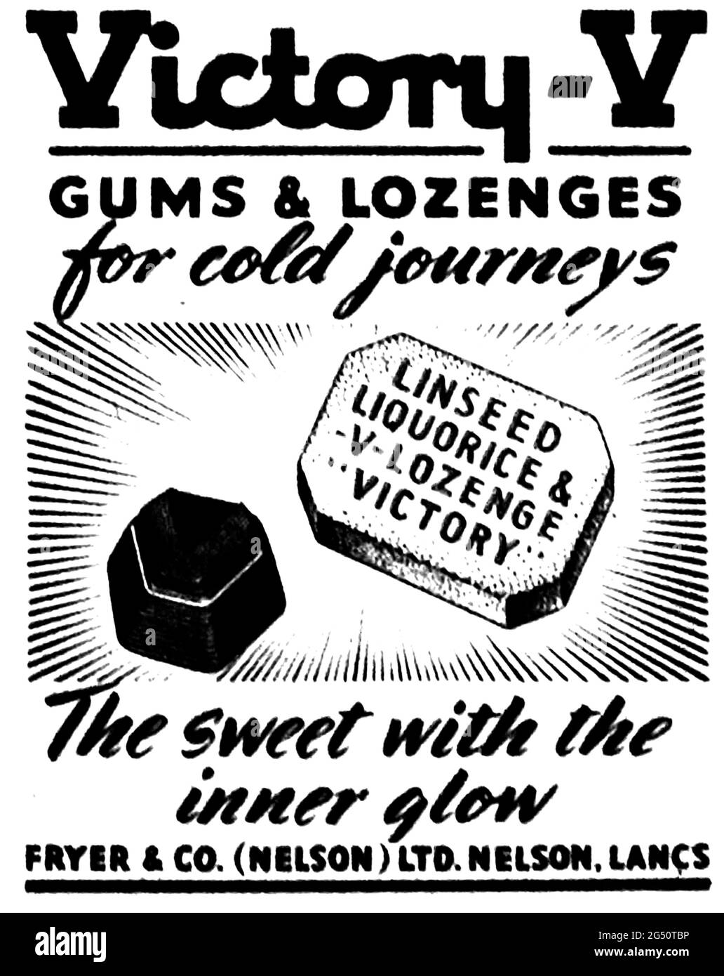 Victory V cough lozenges were developed in the 1860s, a hard pressed tablet sweet designed to be slowly sucked and let the ingredients relieve sore throats. Such medicated confectionary was big business. The Cough No More Lozenge was first made in Bolton before moving to The Victory Factories, in Nelson, Lancashire.  They were first named Victory Chlorodyne Lozenges, changed to Linseed Liquorice V Lozenge Victory and shortened to Victory V in 1910. This shop counter tin dates from 1920. ingredients included ether, liquorice, and chlorodyne - a mixture of opium, cannabis, alcohol and chloroform Stock Photo