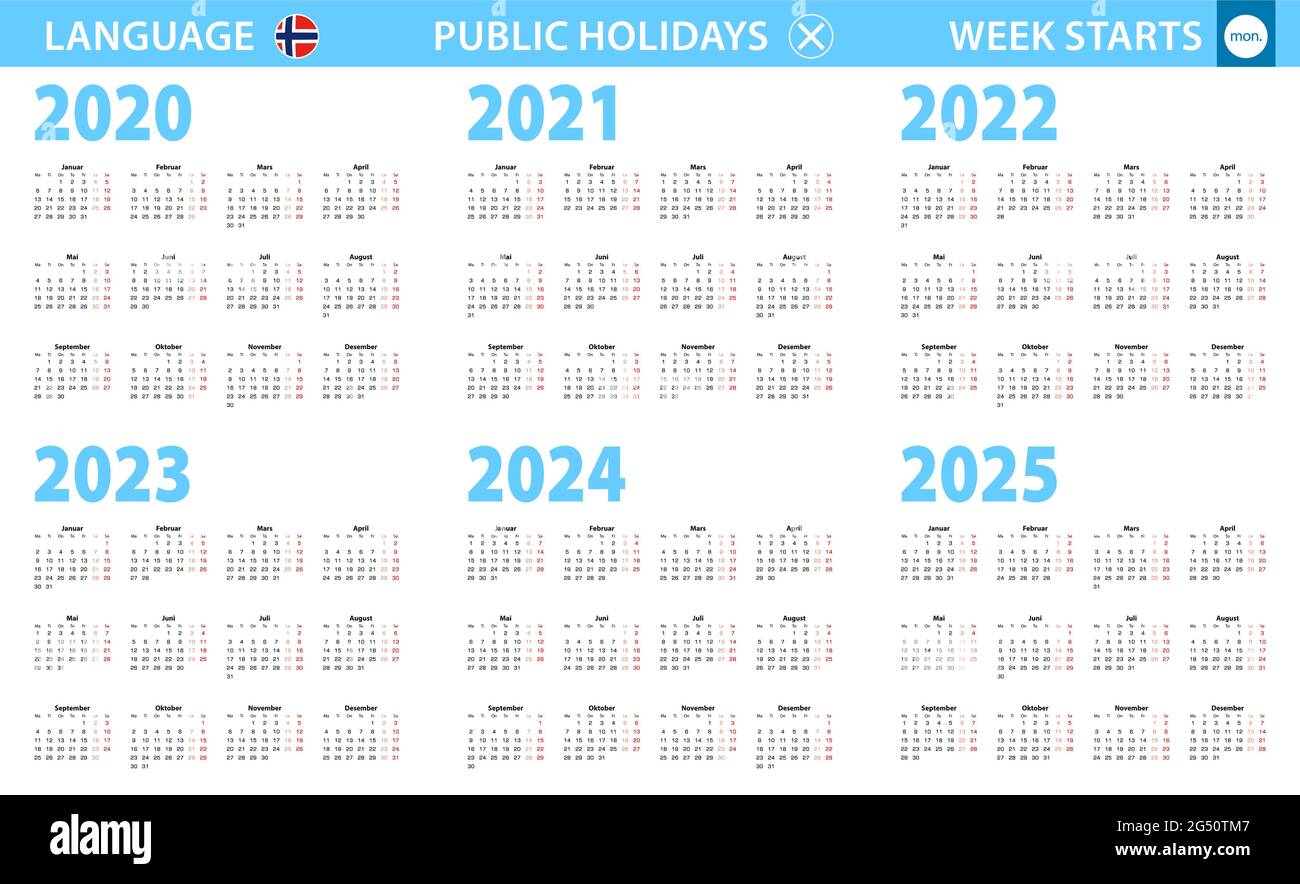 Calendar in Norwegian language for year 2020, 2021, 2022, 2023, 2024