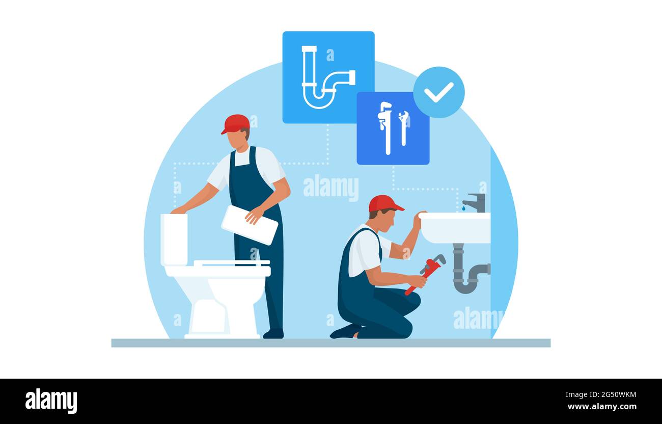 Professional plumbers service, they are unclogging a toilet and fixing the plumbing in a sink Stock Vector