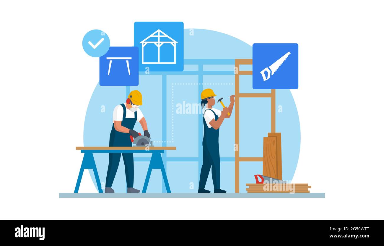 Professional carpenters at work, they are cutting wood and building a wood frame structure Stock Vector