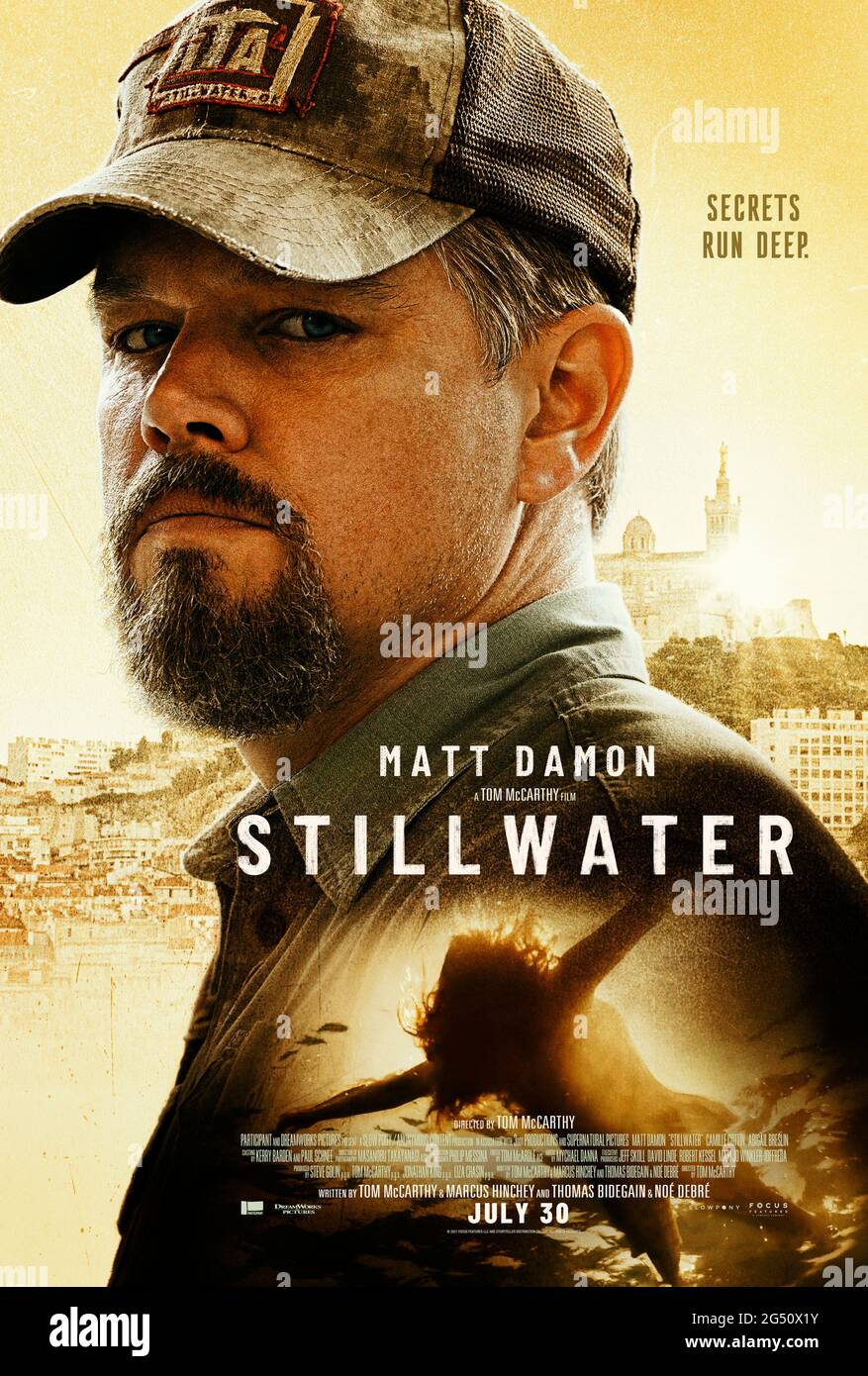 Stillwater (2021) directed by Tom McCarthy and starring Matt Damon, Abigail Breslin and Camille Cottin. A father travels from Oklahoma to France to help his estranged daughter, who is in prison for a murder she claims she didn't commit. Stock Photo