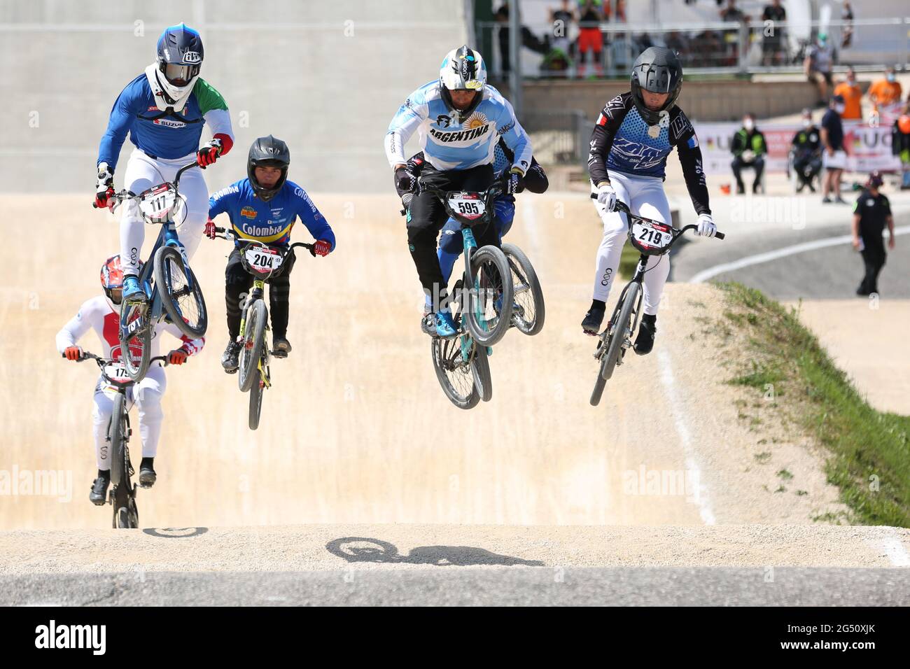 Giacomo FANTONI of Italy (117) and Dylan GOBERT of France (219) compete in the UCI BMX Supercross World Cup Round 1 at the BMX Olympic Arena on May 8t Stock Photo
