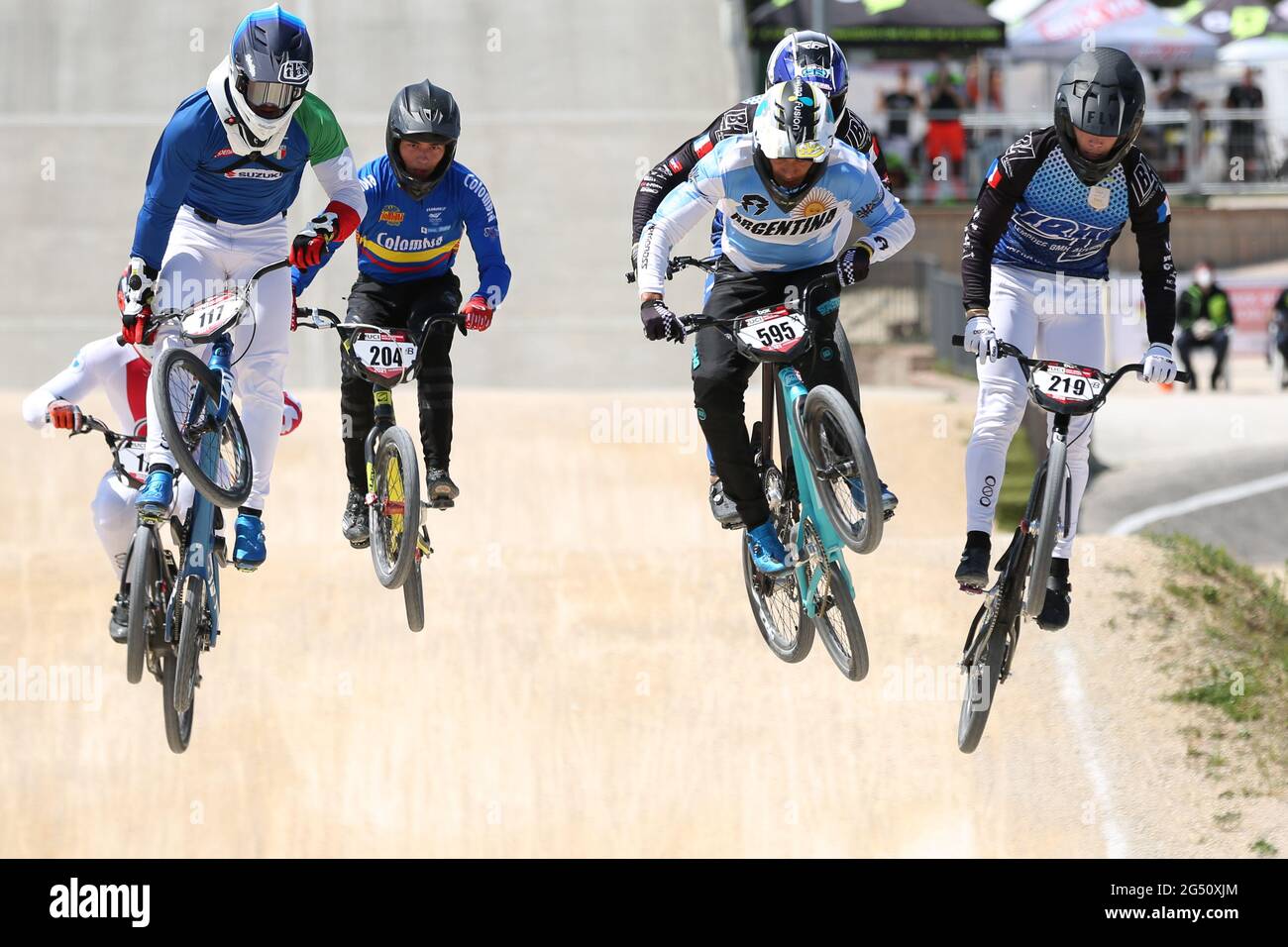 Giacomo FANTONI of Italy (117) and Dylan GOBERT of France (219) compete in the UCI BMX Supercross World Cup Round 1 at the BMX Olympic Arena on May 8t Stock Photo