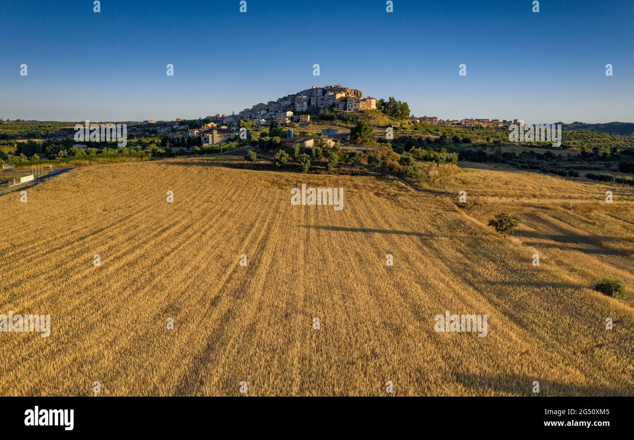 Aerial view of Horta de Sant Joan village and the surrounding cultivated fields (Terra Alta, Tarragona, Catalonia, Spain) Stock Photo