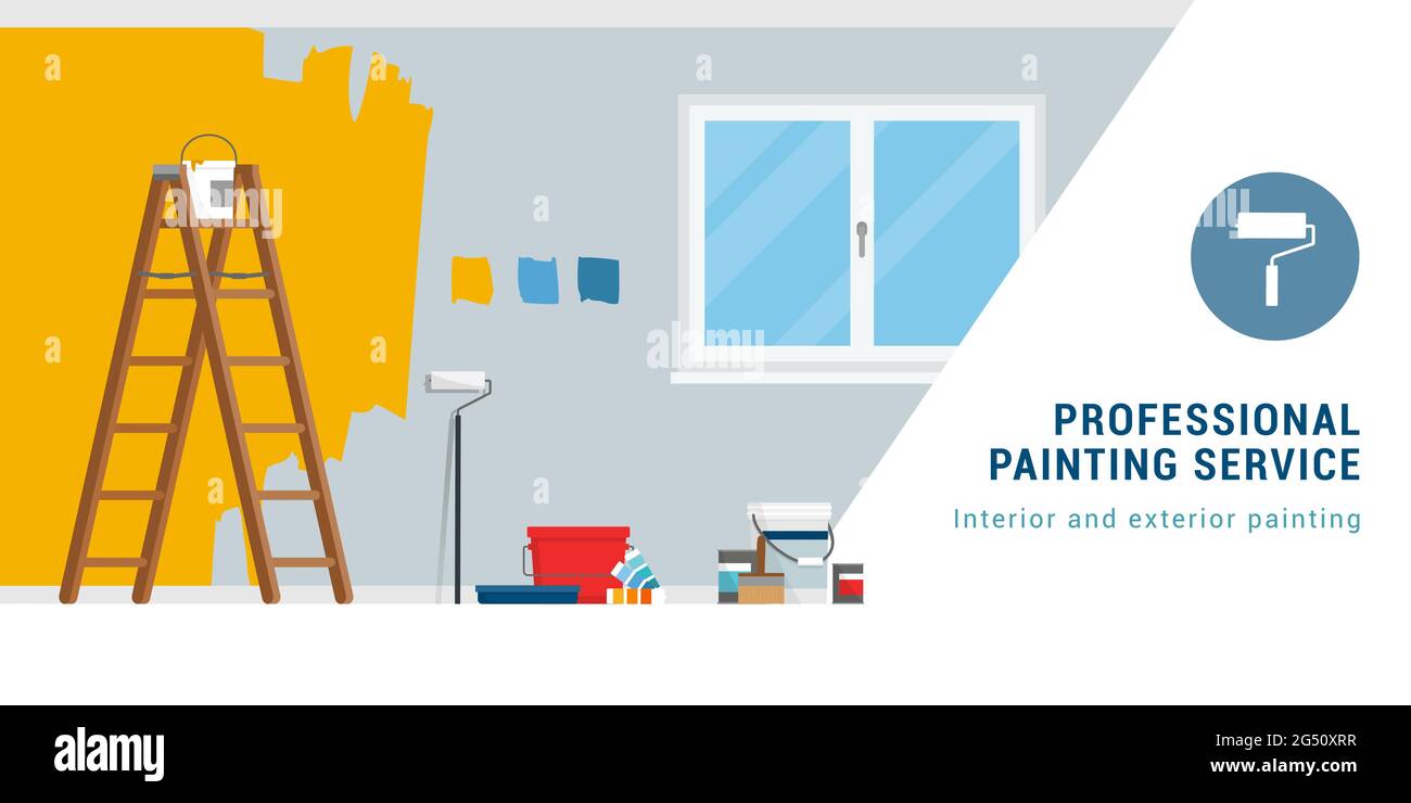 Professional painting service banner with work tools and copy space Stock Vector