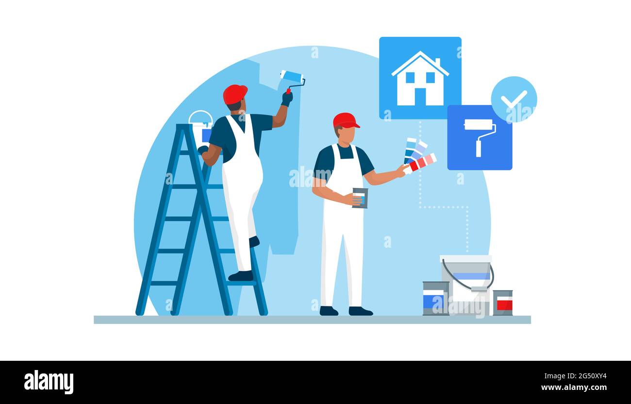 Professional painters and decorators painting walls in a residential room with professional equipment Stock Vector