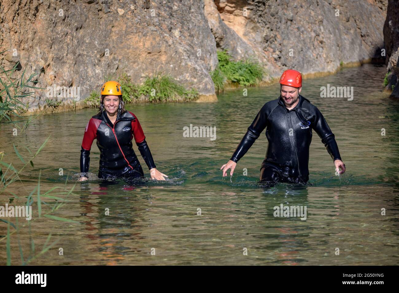 Arriving at the final point of the canyoning descent through the Canaletes river ravine (Els Ports Natural Park, Tarragona, Catalonia, Spain) Stock Photo