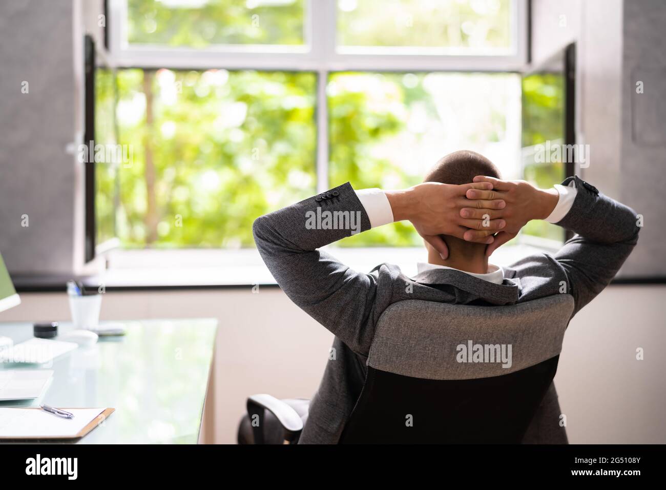 Open Office Window. Breathing Fresh Air And Relaxing Stock Photo