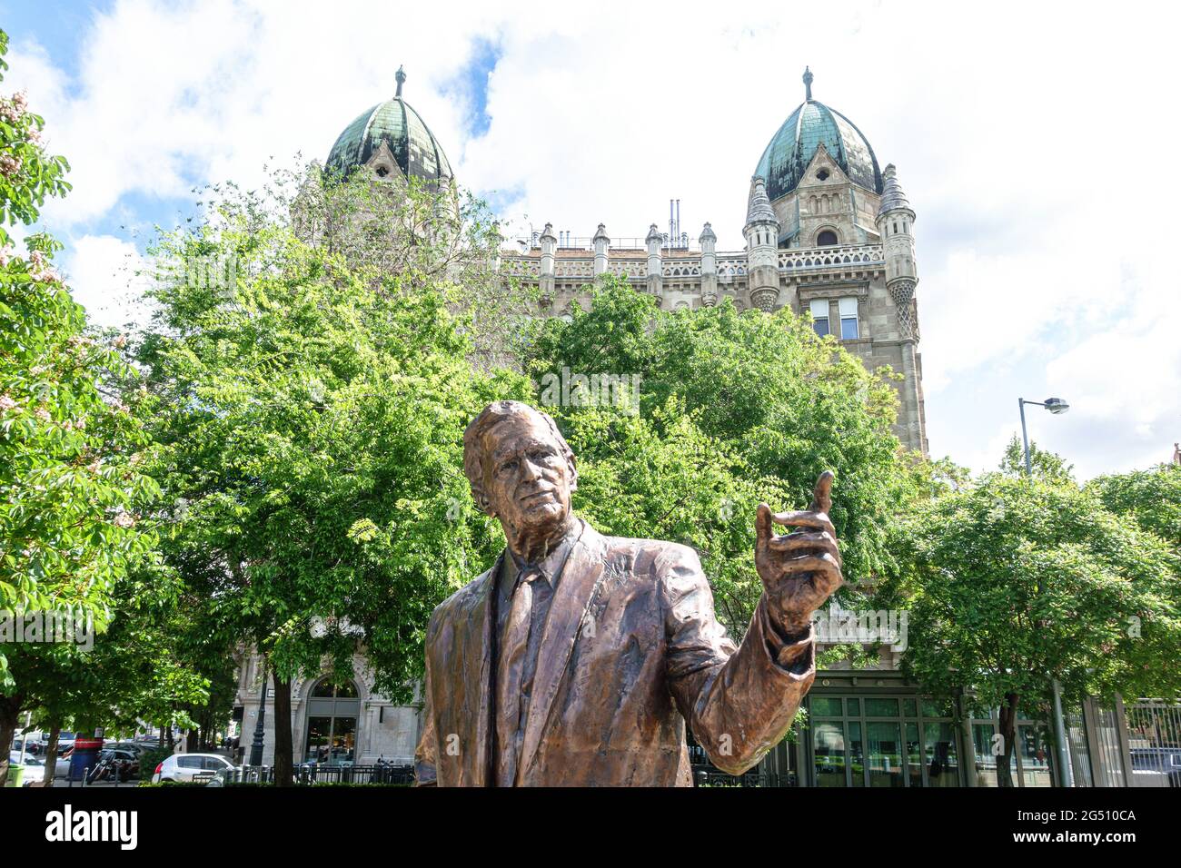 The statue of President George H. W. Bush on Liberty / Szabadsag Square in central Budapest on an early spring day Stock Photo