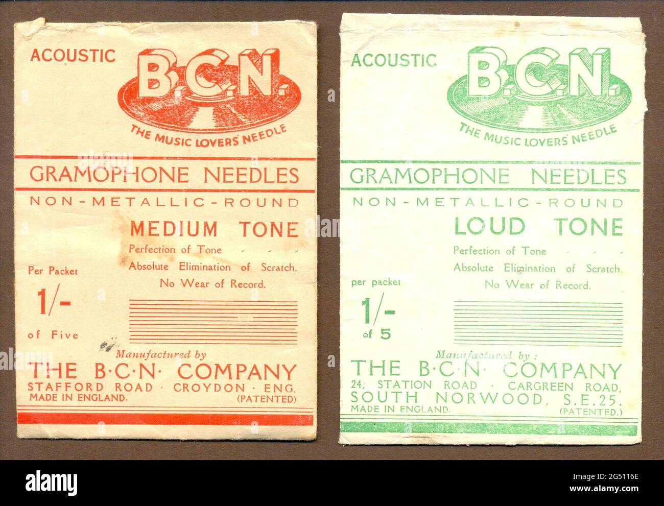 Packets for Acoustic B C N Gramophone Needles circa 1942 Stock Photo
