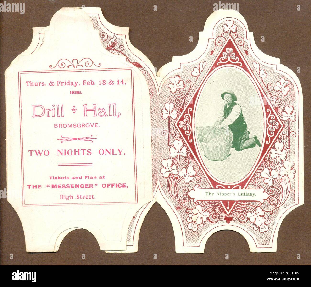 Folding die cut programme for Albert Chevalier held at the Drill Hall, Bromsgrove, Worcestershire 1896 Stock Photo