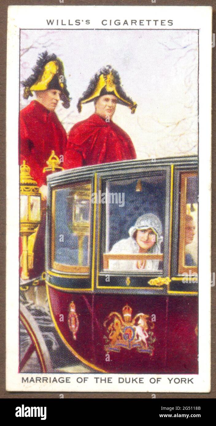 A cigarette card published by Will's Cigarettes in their series The Reign of H M King George V showing Marriage of the Duke of York on 26 April 1923 Stock Photo