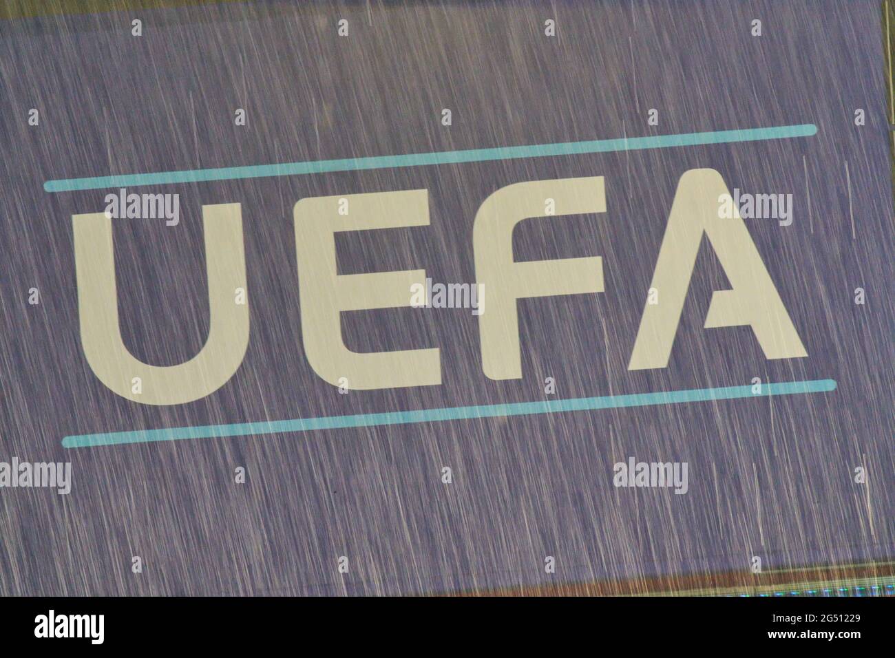 UEFA logo in the rain in the Group F match GERMANY, Hungary. , . in Season 2020/2021 on June 23, 2021 in Munich, Germany. Credit: Peter Schatz/Alamy Live News Stock Photo