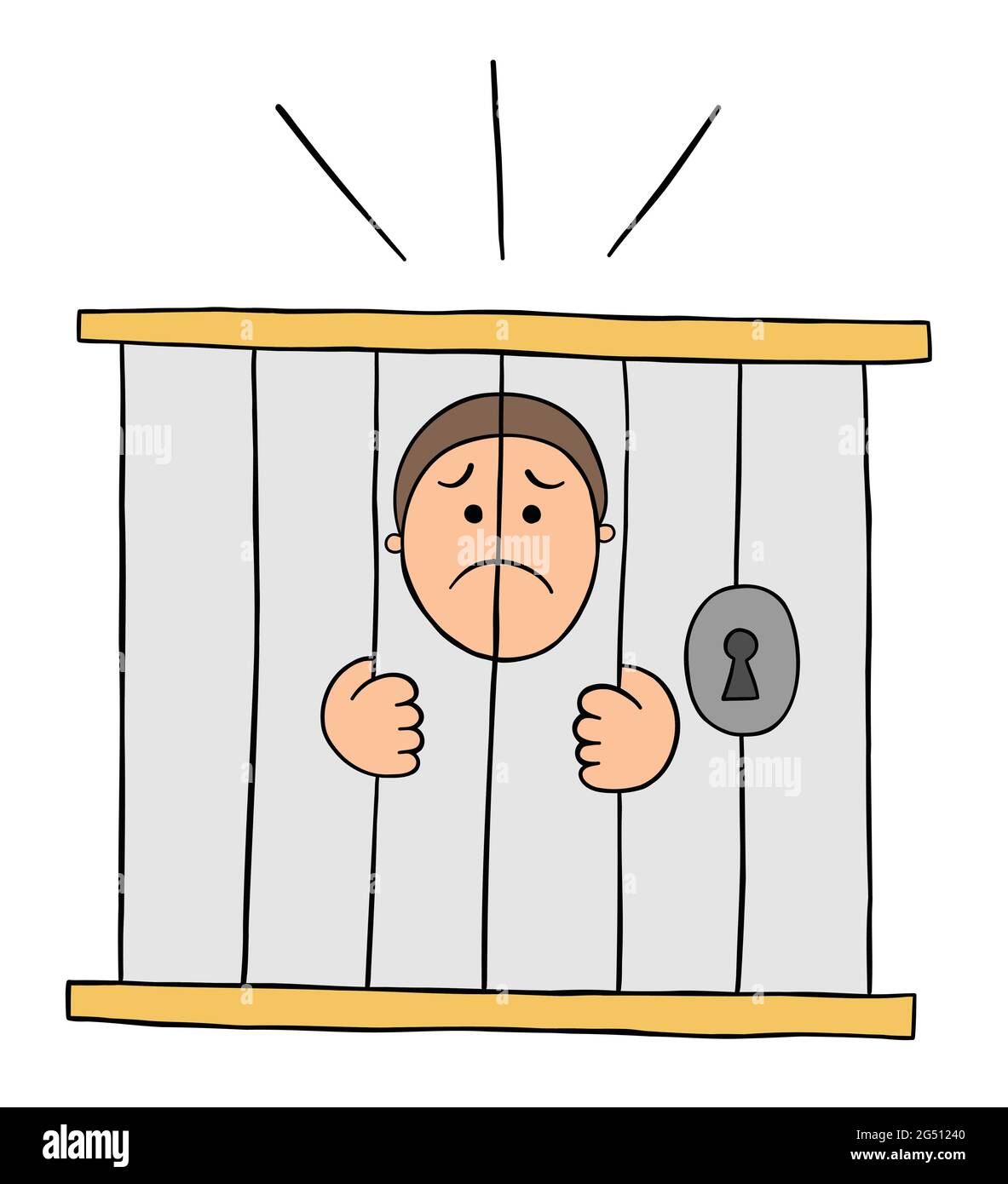 Cartoon man is in jail and very sad, vector illustration. Colored and black outlines. Stock Vector