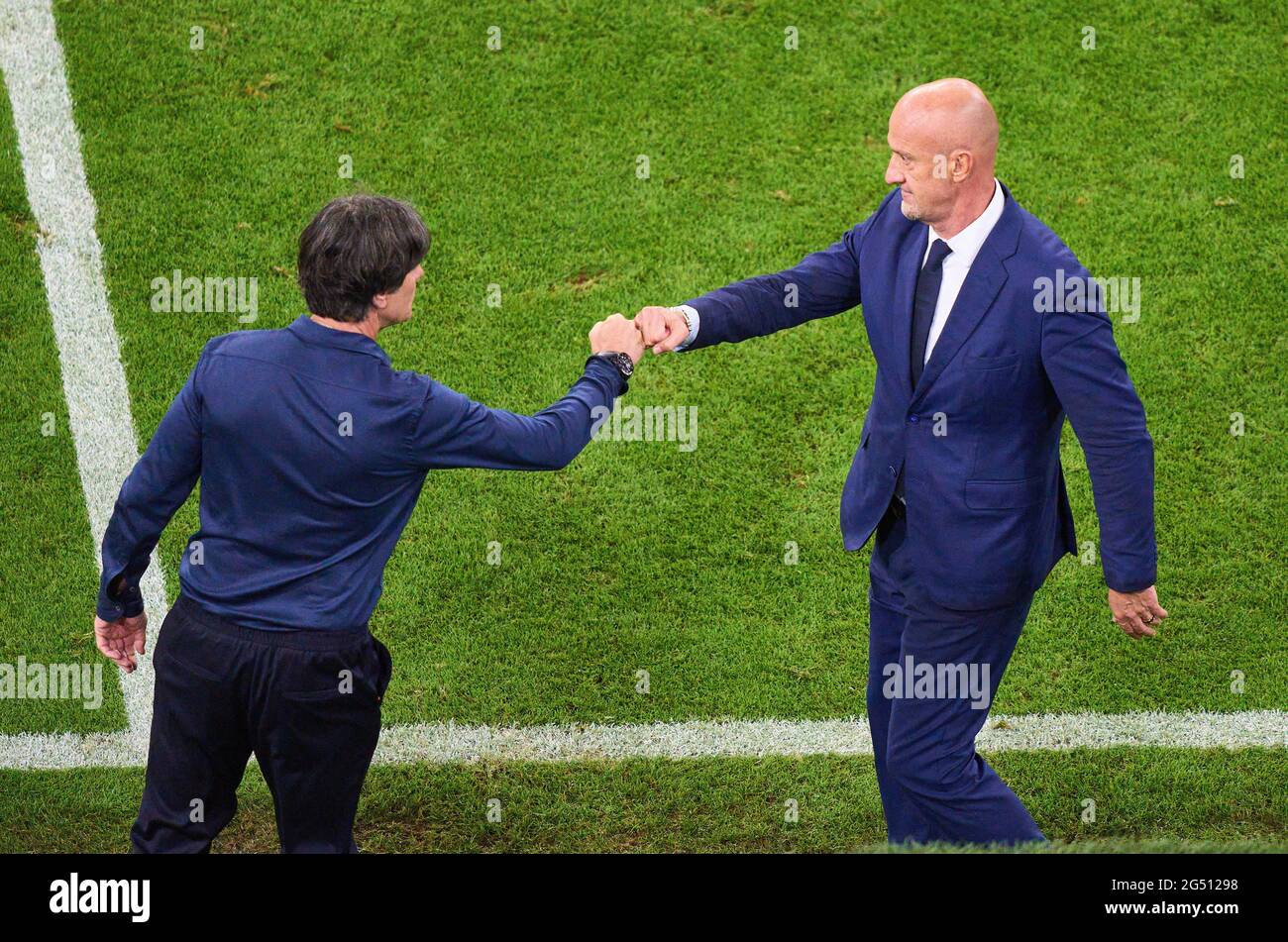 Munich, Germany. 23rd June, 2021. DFB headcoach Joachim Jogi LOEW, LÖW, Bundestrainer, Nationaltrainer, Marco Rossi, head coach, HUN, in the Group F match GERMANY - HUNGARY 2-2 at the football UEFA European Championships 2020 in Season 2020/2021 on June 23, 2021 in Munich, Germany. Credit: Peter Schatz/Alamy Live News Stock Photo