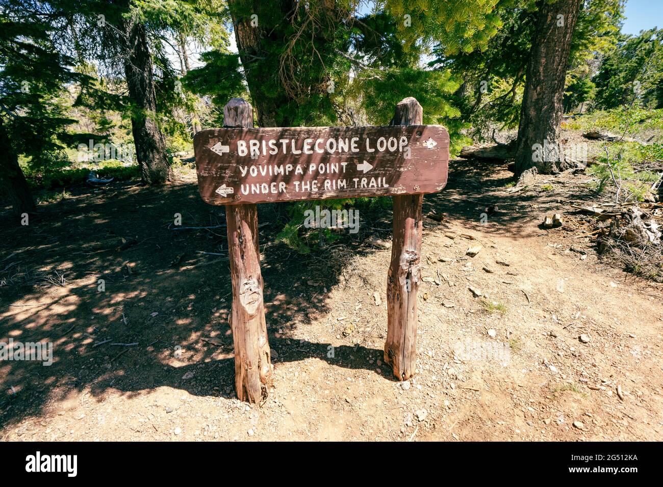 Trail direction sign in Bryce Canyon National Park - Bristlecone Loop and Yovimpa Point directions for hikers Stock Photo