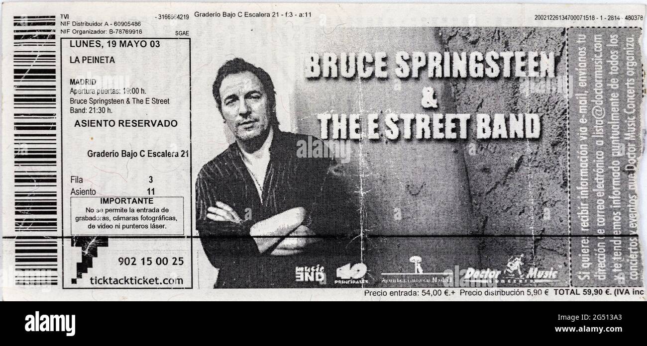 Bruce Springsteen & The E Street Band, May 2003, La Peineta, Concert Ticket Stubs, Music Concert Memorabilia , Madrid, Spain Stock Photo