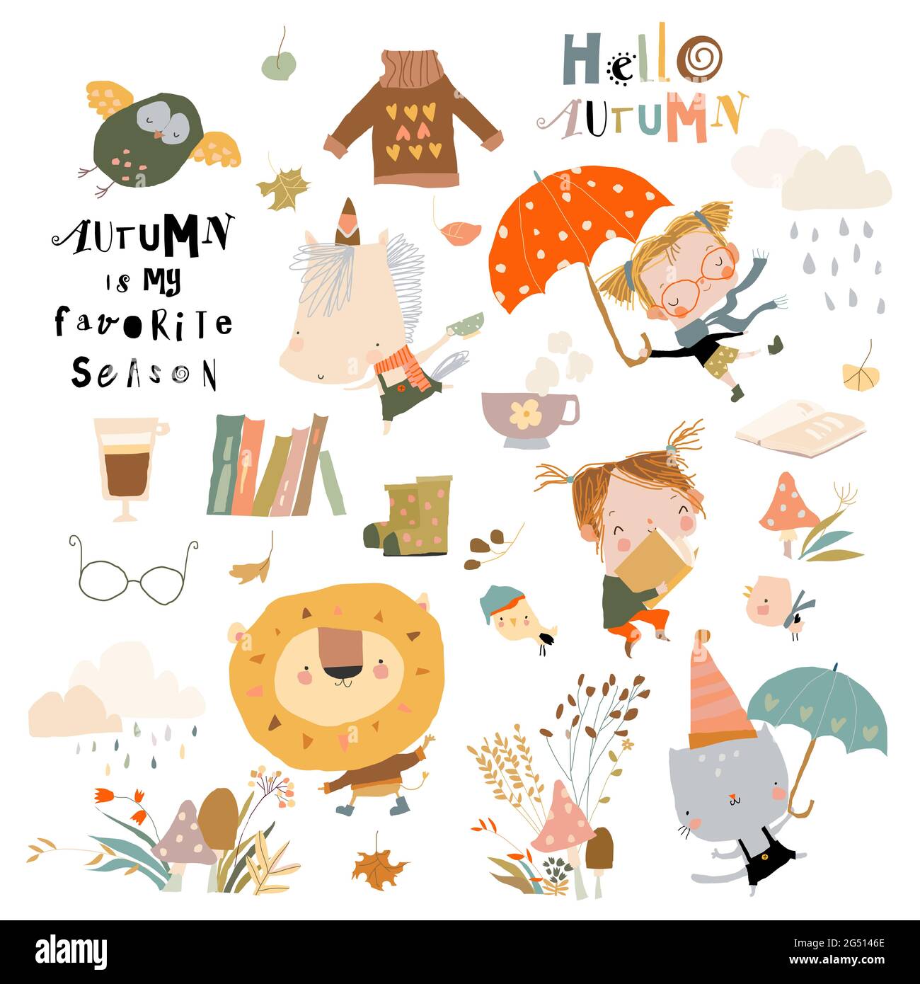 Fall set with cute animals and funny kids Stock Vector