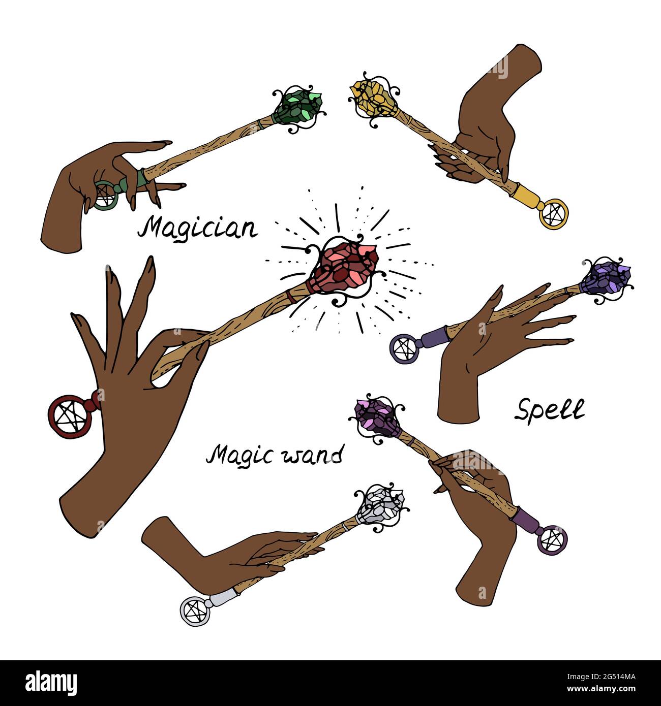 Set of line art illustrations of hand drawn witch hands holding magic