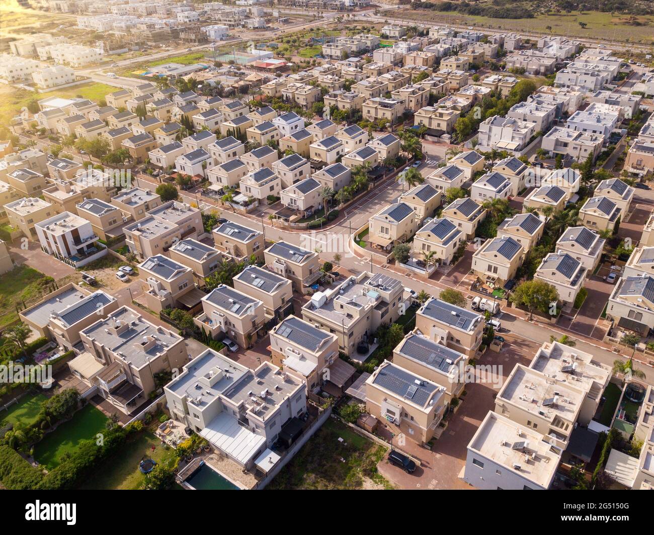 Neighborhoods houses. Aerial view of residential houses suburb.  Stock Photo