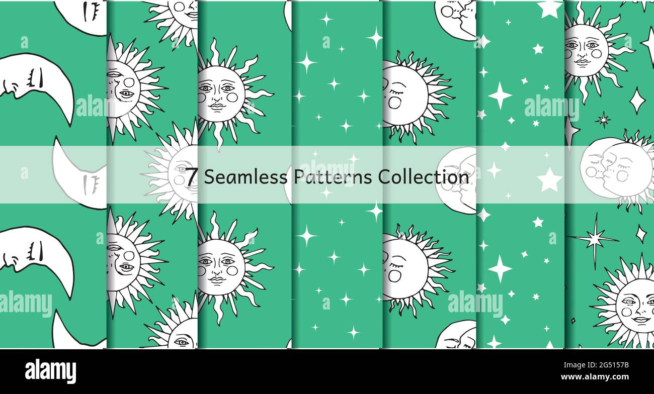Monochrome seamless patterns set with black ink hand drawn sun, moon ...
