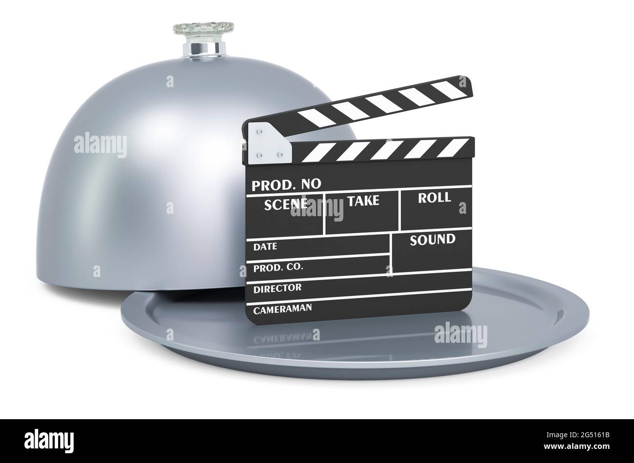 Restaurant cloche with clapperboard. Presentation of new movies or serials concept. 3D rendering isolated on white background Stock Photo