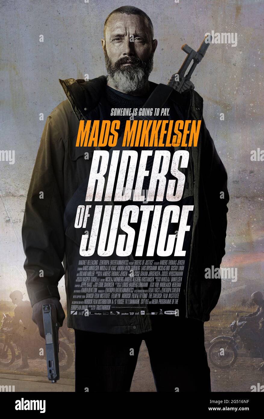 Riders of Justice (2021) directed by Anders Thomas Jensen and starring Mads Mikkelsen, Nikolaj Lie Kaas and Andrea Heick Gadeberg. Danish thriller about a man who returns home from active service on the death of his family in a supposed accident and discovers the deaths are part of planned assassination and seeks vengeance. Stock Photo