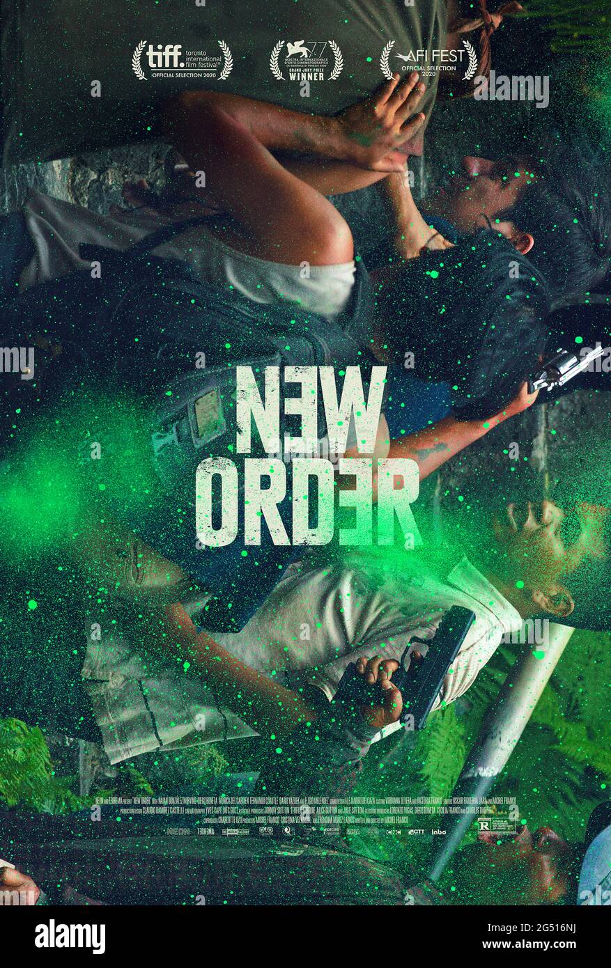 New Order (2020) directed by Michel Franco and starring Naian González Norvind, Fernando Cuautle and Diego Boneta. A lavish high-society wedding unexpectedly turns into a class struggle that leads to a violent coup. Stock Photo