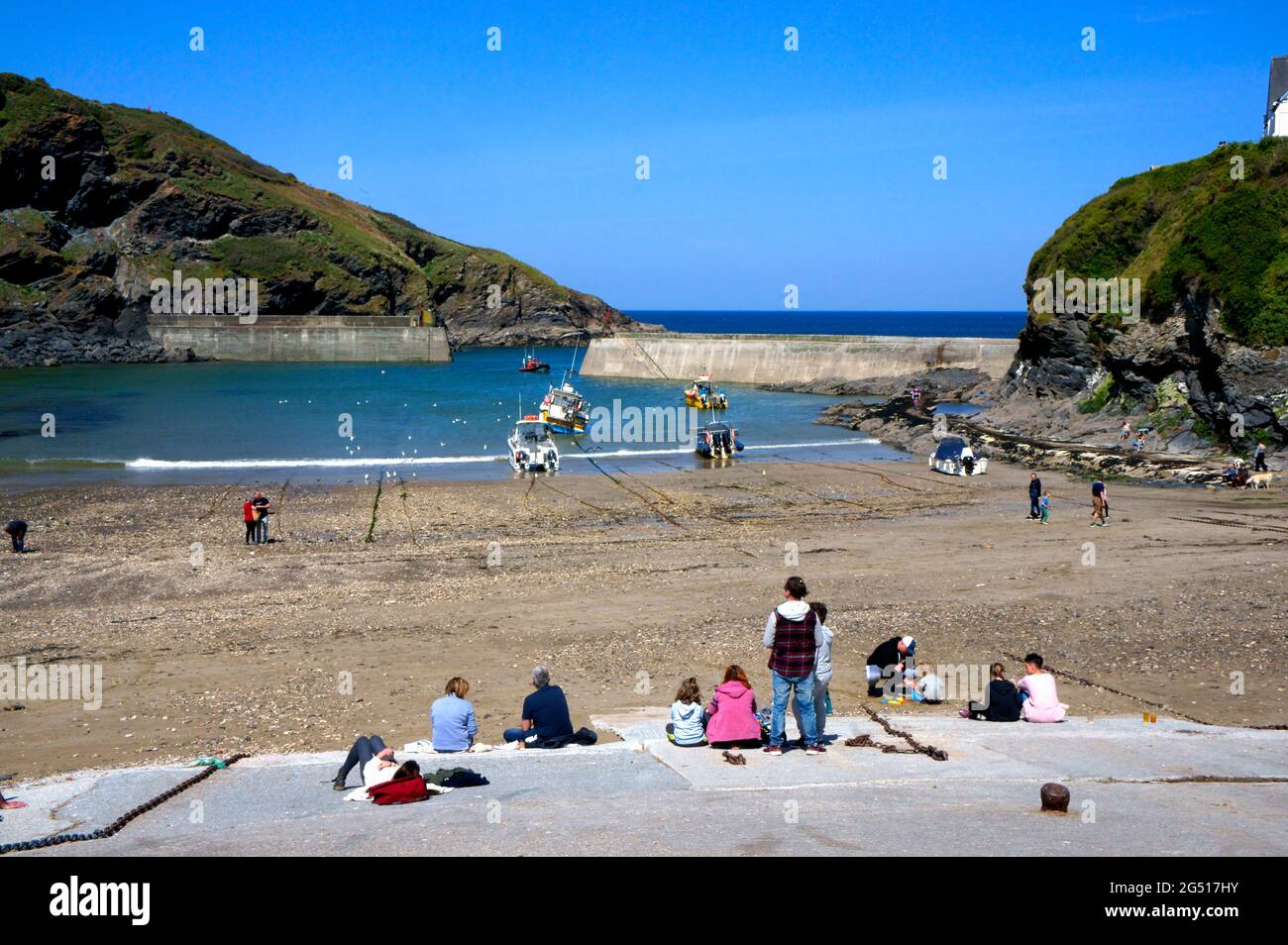 Slipway looking out into the Harbour at Port Isaac in Cornwall Stock Photo