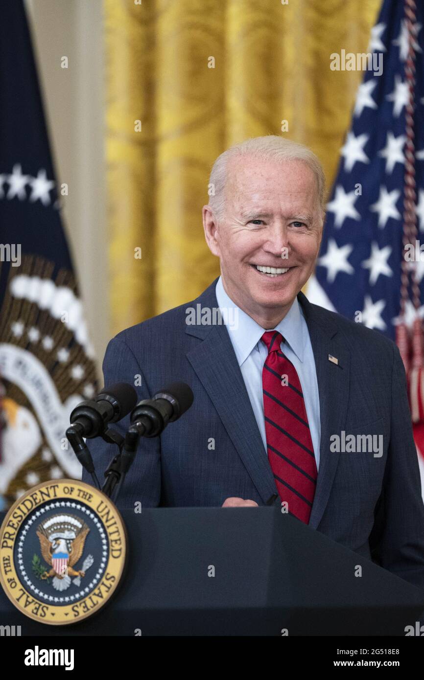 Washington, United States. 24th June, 2021. President Joe Biden delivers remarks on deals made with Senators on a bipartisan infrastructure plan in the East Room of the White House in Washington, DC, on Thursday, June 24, 2021. Photo by Sarah Silbiger/UPI Credit: UPI/Alamy Live News Stock Photo